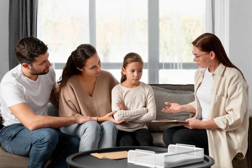 Family counseling session with a child and therapist